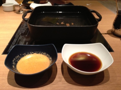 Hotpot with sesame sauce (left) and ponzu sauce (right)